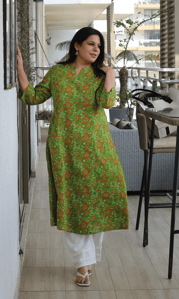 Green - Kalamkari Hand Block Printed Cotton A-Line Long Kurta
