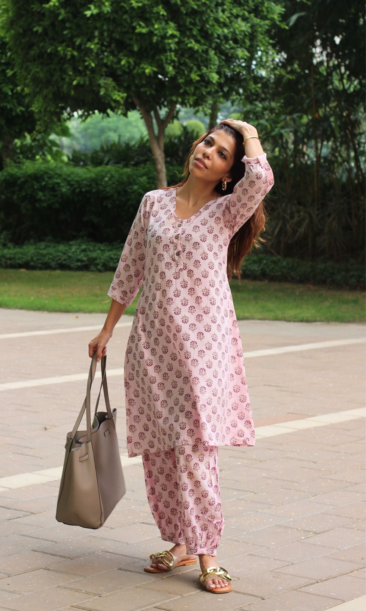 Cotton Petal Pink A - line Kurta with Pathani Pants - Baareeki