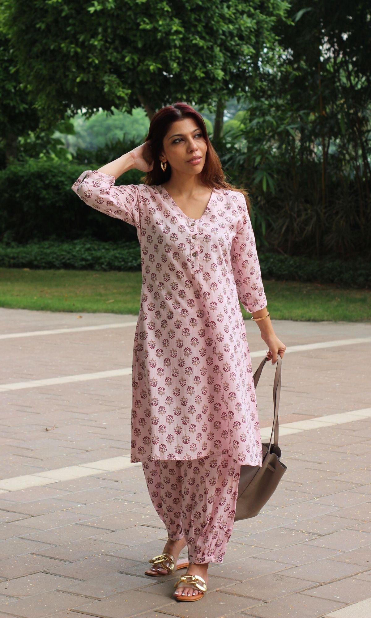 Cotton Petal Pink A - line Kurta with Pathani Pants - Baareeki