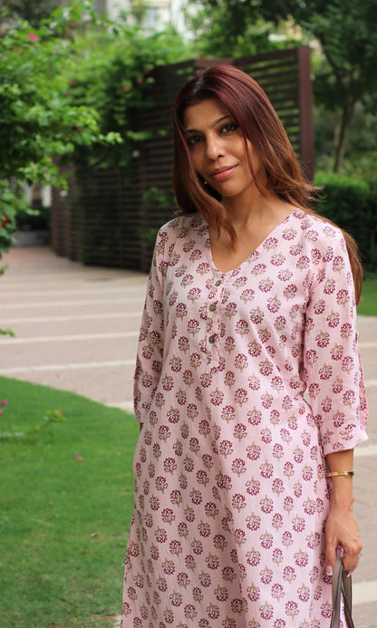 Cotton Petal Pink A - line Kurta with Pathani Pants - Baareeki