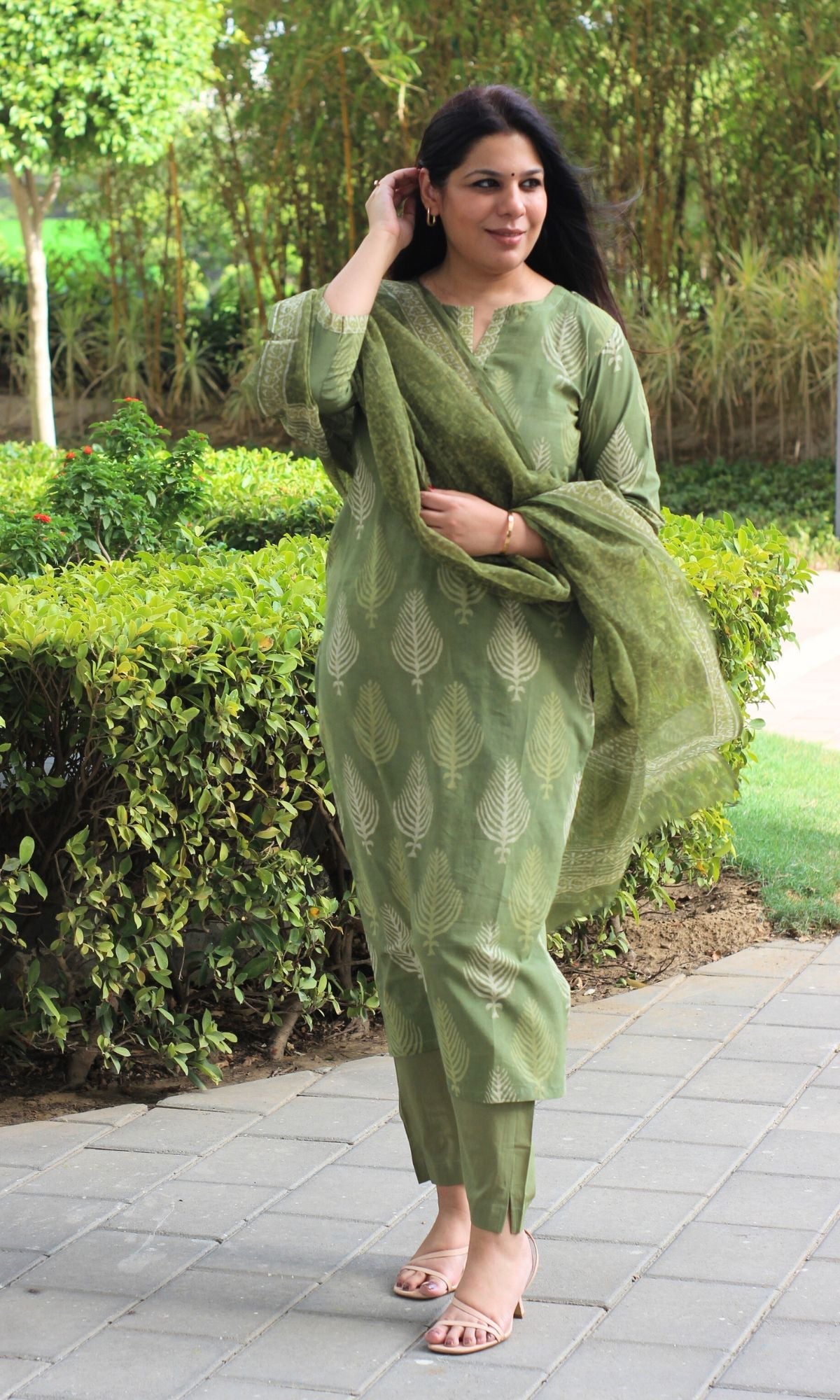 Cotton Pickle Handblock Suit Set with Kota Doria Dupatta - Baareeki