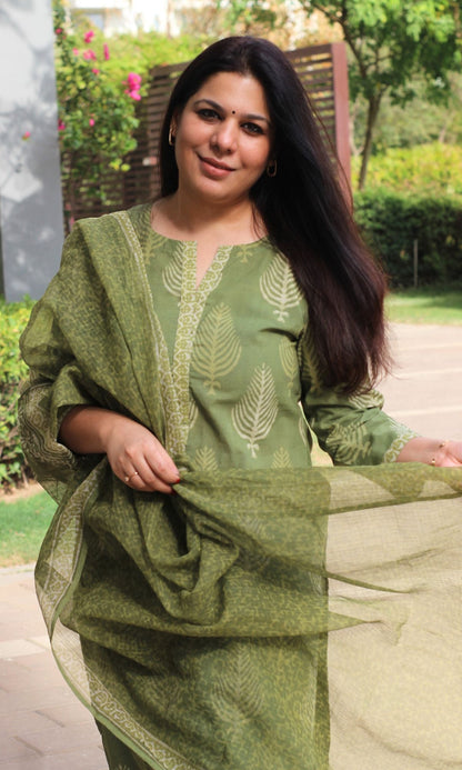 Cotton Pickle Handblock Suit Set with Kota Doria Dupatta - Baareeki