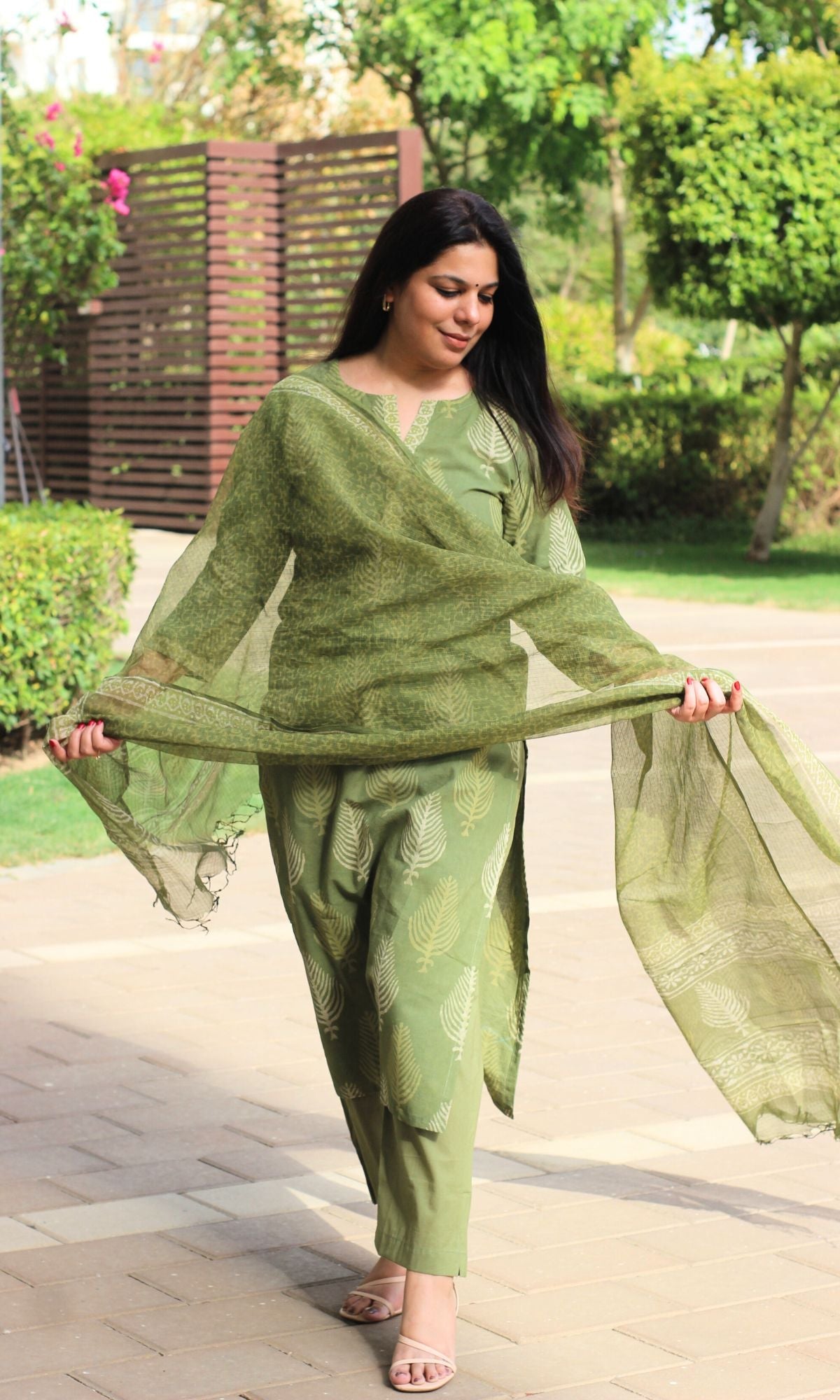 Cotton Pickle Handblock Suit Set with Kota Doria Dupatta - Baareeki