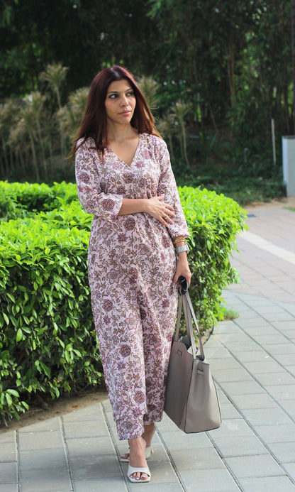 Cotton Pink Flower Print Pleated Kurta & Pants - Baareeki