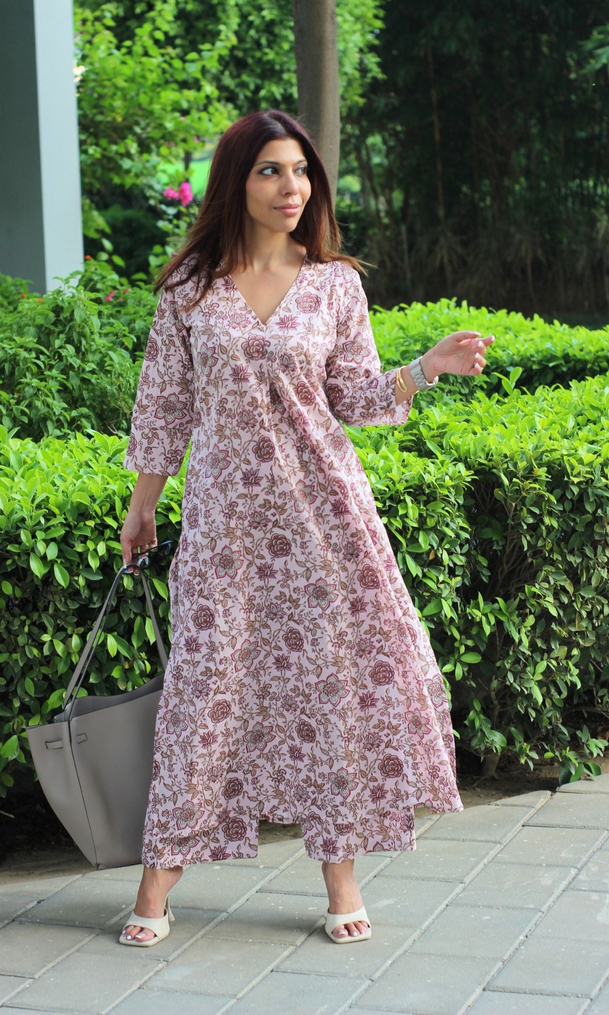 Cotton Pink Flower Print Pleated Kurta & Pants - Baareeki