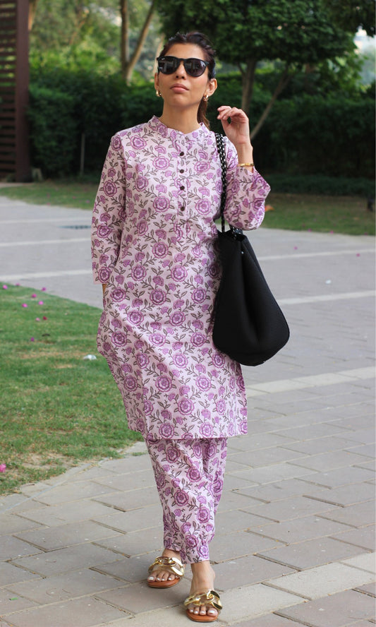 Cotton Pink & Purple Printed Buttoned Kurta with Pathani Pants - Baareeki