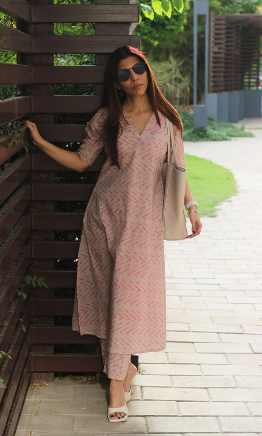 Cotton Pink Zig Zag Print Coord Set - Baareeki