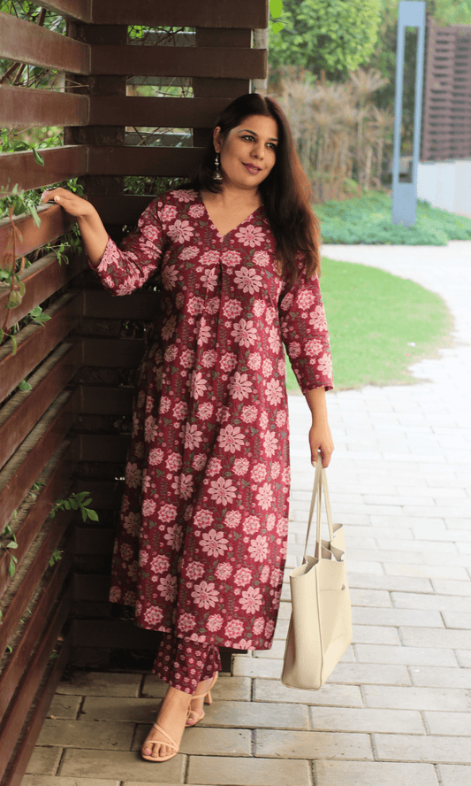 Cotton Plum Floral Pleated Kurta & Pant Co - ord - Baareeki