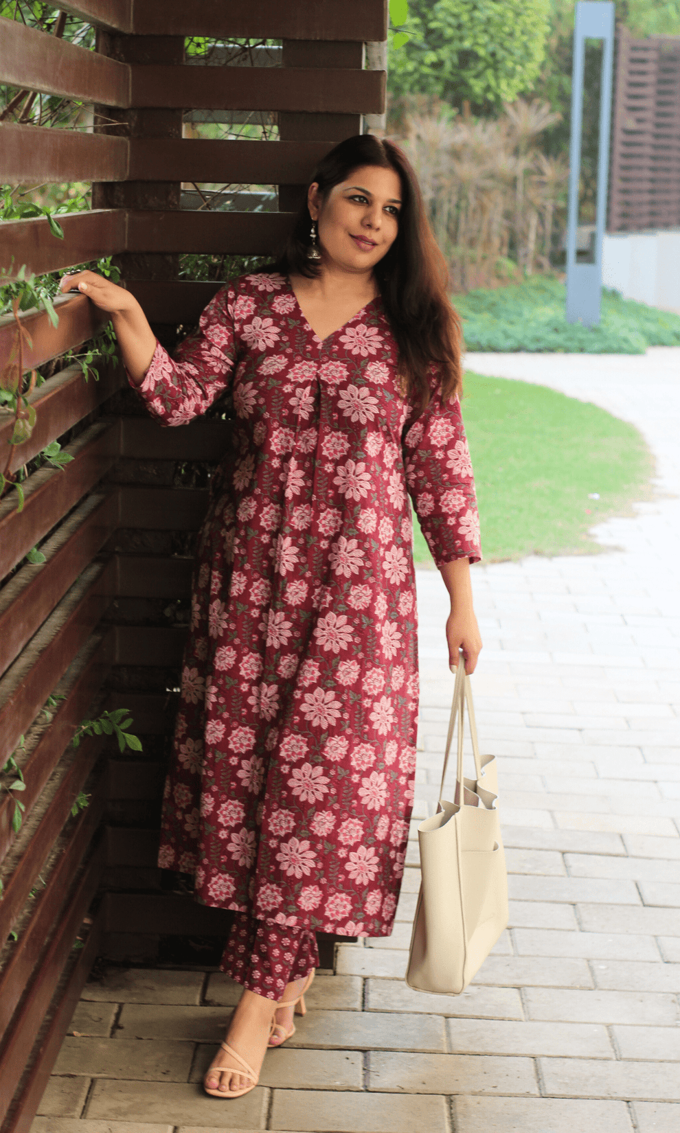 Plum Embroidered High-Low Kurta with Solid Pants