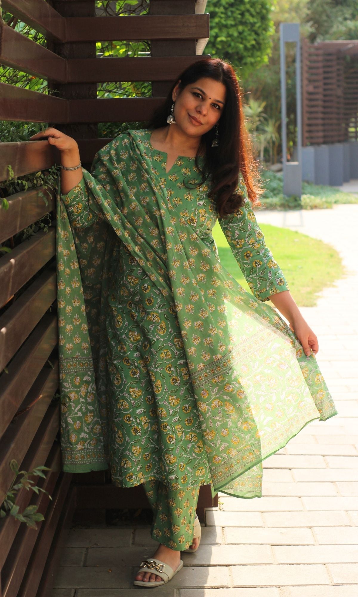 Cotton Printed Fern Green Suit Set with Cotton Printed Dupatta - Baareeki