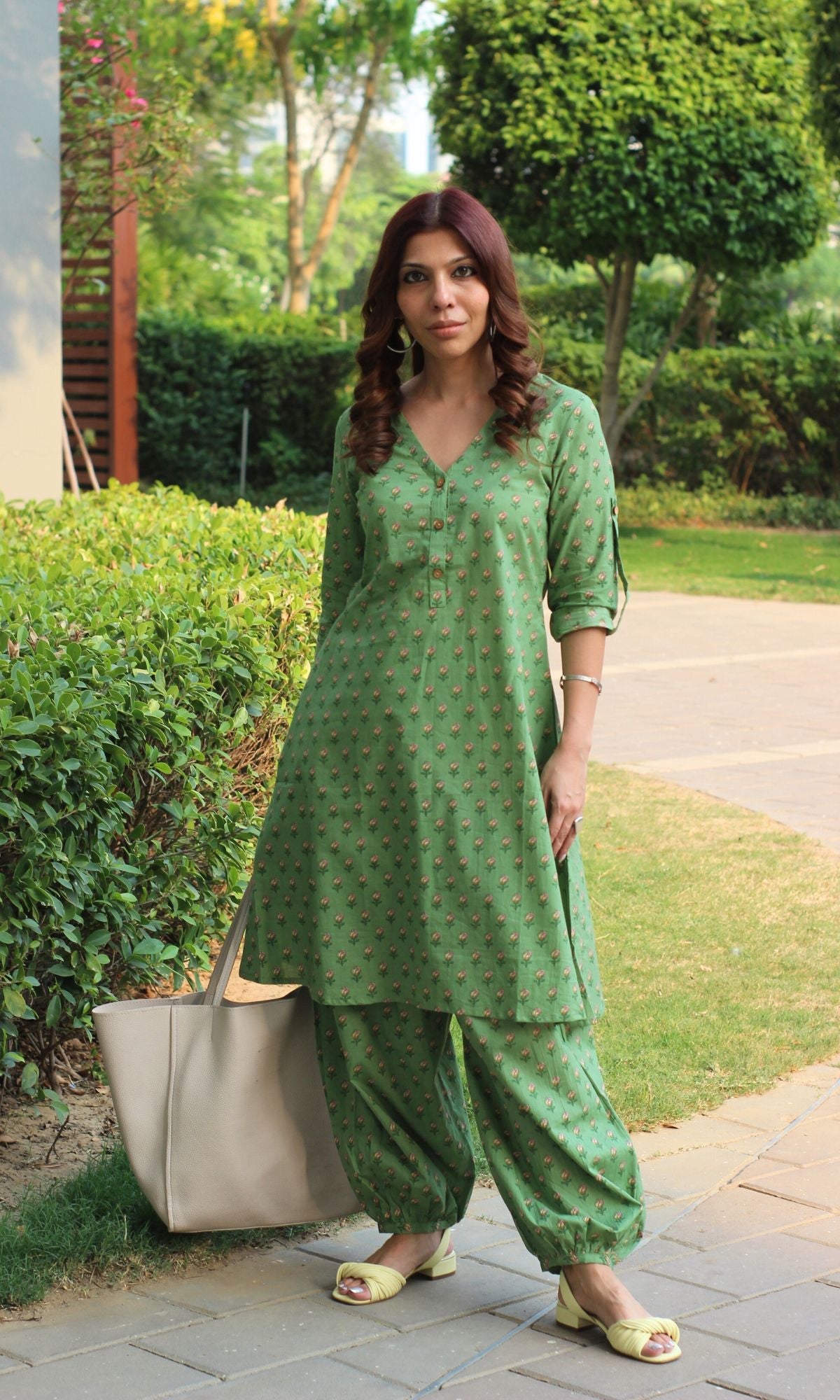 Cotton Printed Green A-line Kurta and Pathani Salwar - Baareeki