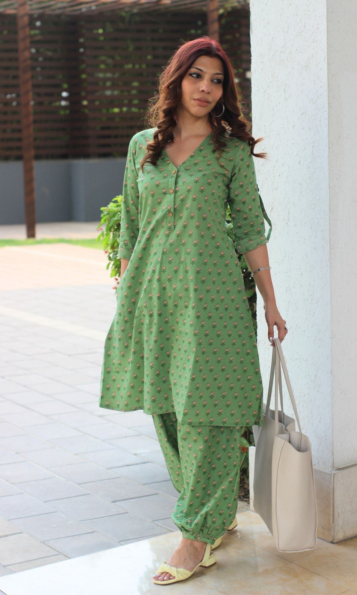 Cotton Printed Green A-line Kurta and Pathani Salwar - Baareeki