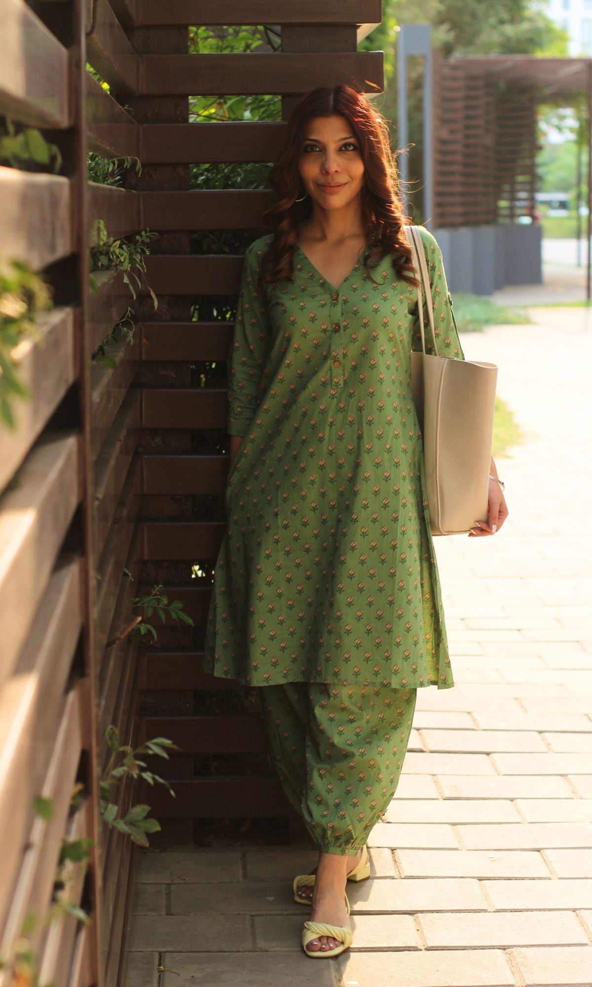 Cotton Printed Green A-line Kurta and Pathani Salwar - Baareeki