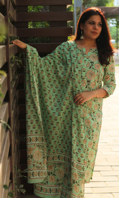 Cotton Printed Light Green Suit Set with Cotton Printed Dupatta - Baareeki