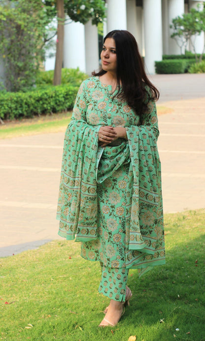 Cotton Printed Light Green Suit Set with Cotton Printed Dupatta - Baareeki