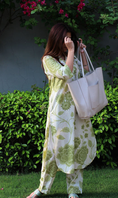 Cotton Printed Lush Green Buttoned Kurta and Pant Coord - Baareeki