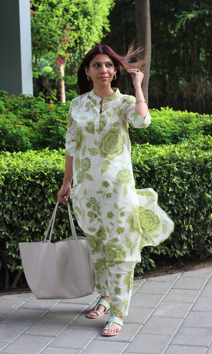 Cotton Printed Lush Green Buttoned Kurta and Pant Coord - Baareeki