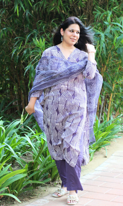 Cotton Purple Batik Print Suit Set with Kota Doria Batik Dupatta - Baareeki