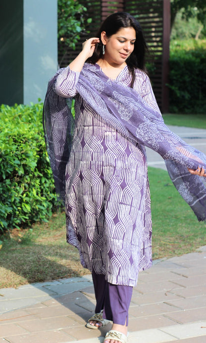 Cotton Purple Batik Print Suit Set with Kota Doria Batik Dupatta - Baareeki