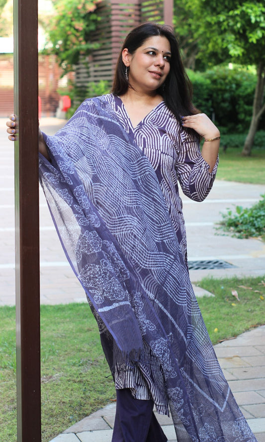 Cotton Purple Batik Print Suit Set with Kota Doria Batik Dupatta - Baareeki