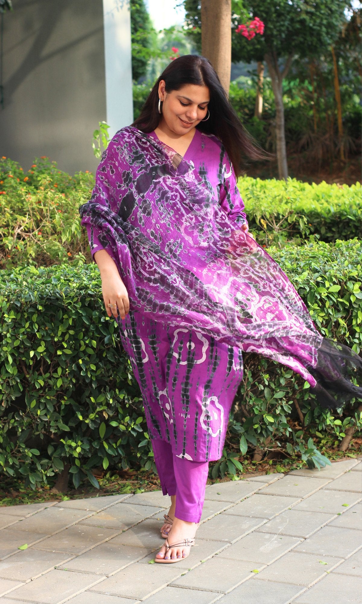 Cotton Purple & Black Tie & Dye Suit with Chiffon Tie & Dye Dupatta - Baareeki