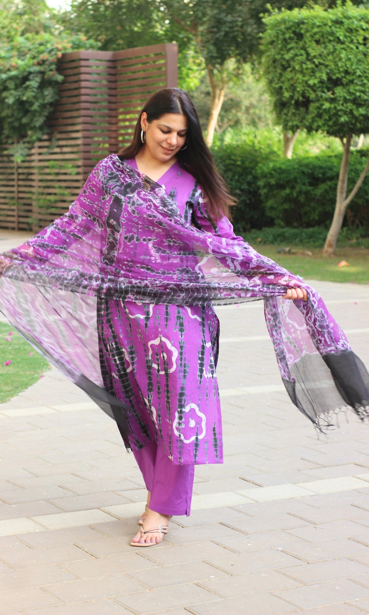Cotton Purple & Black Tie & Dye Suit with Chiffon Tie & Dye Dupatta