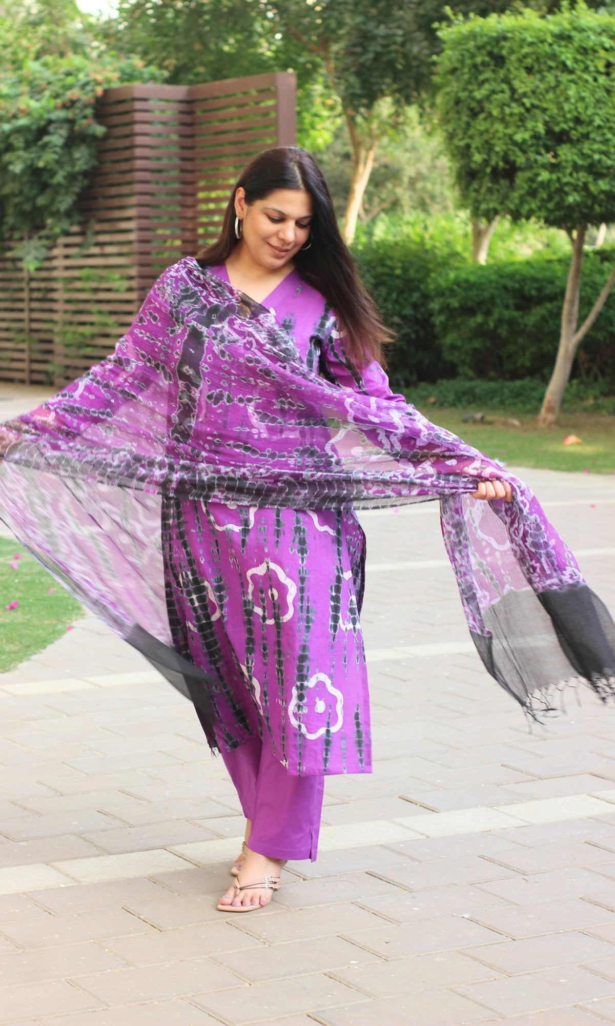 Cotton Purple & Black Tie & Dye Suit with Chiffon Tie & Dye Dupatta - Baareeki