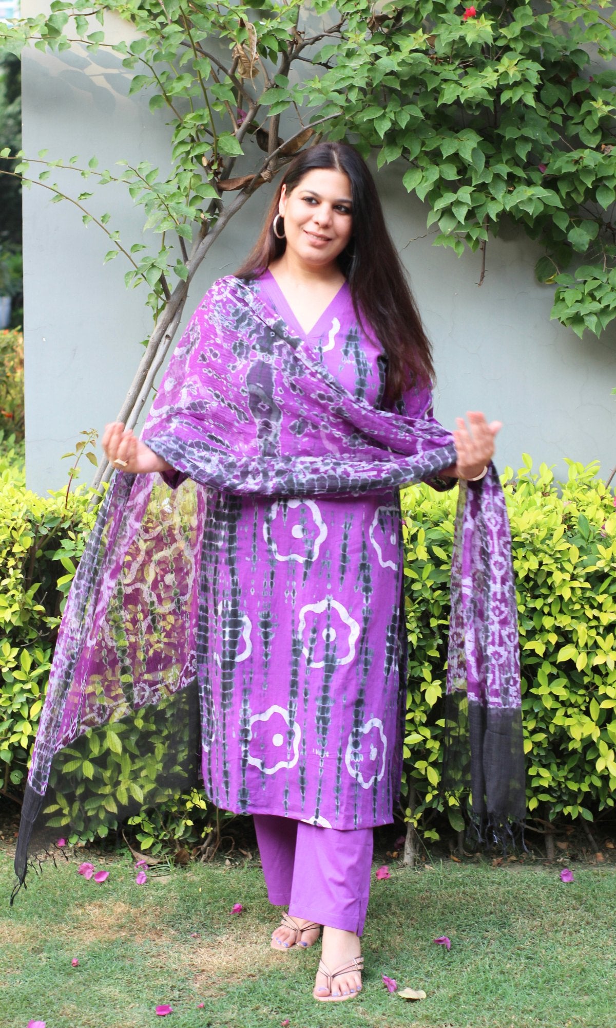 Cotton Purple & Black Tie & Dye Suit with Chiffon Tie & Dye Dupatta - Baareeki