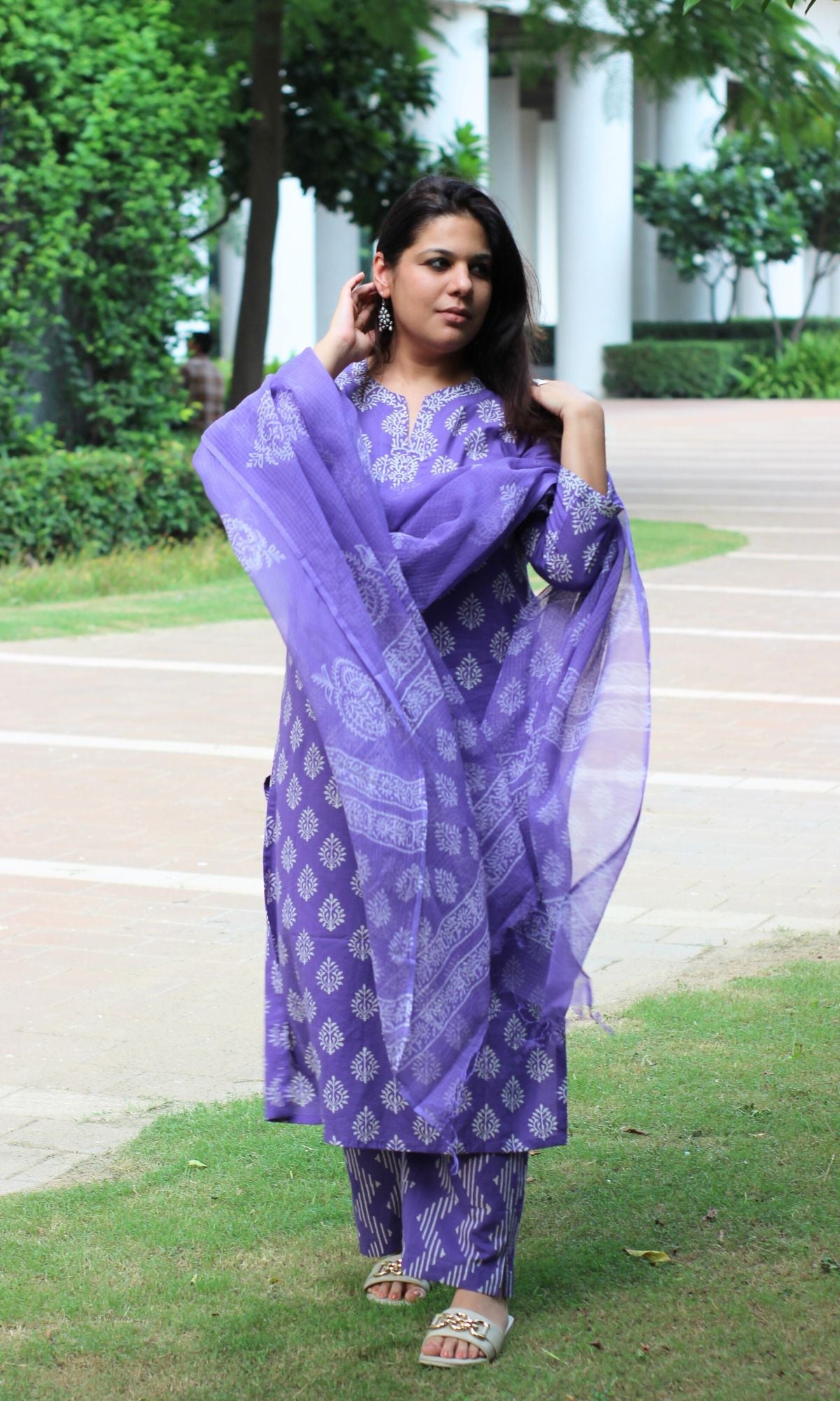 Cotton Purple Handblock Suit Set with Kota Doria Dupatta - Baareeki