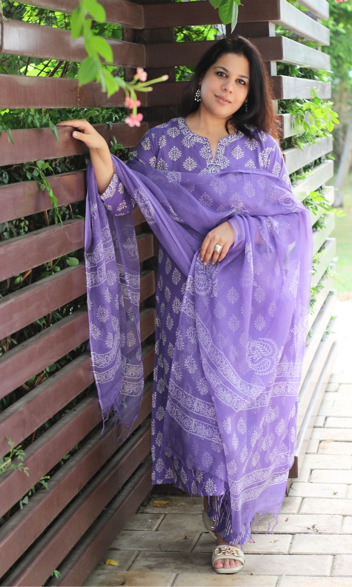 Cotton Purple Handblock Suit Set with Kota Doria Dupatta - Baareeki