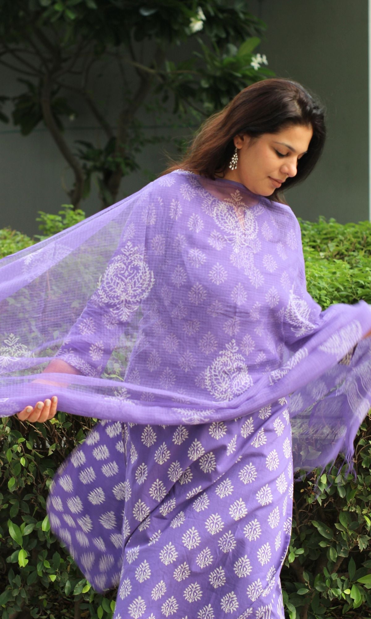 Cotton Purple Handblock Suit Set with Kota Doria Dupatta - Baareeki