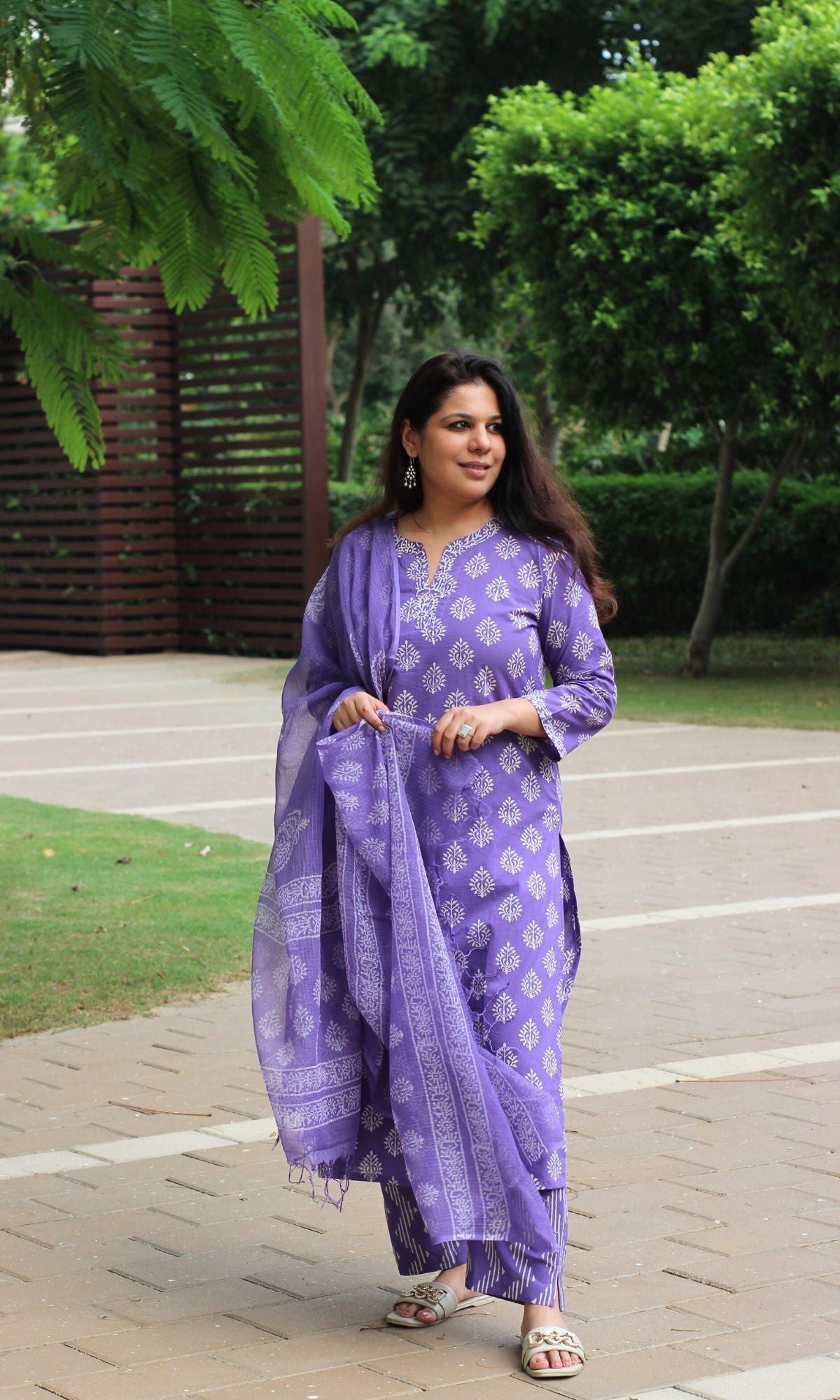 Cotton Purple Handblock Suit Set with Kota Doria Dupatta - Baareeki