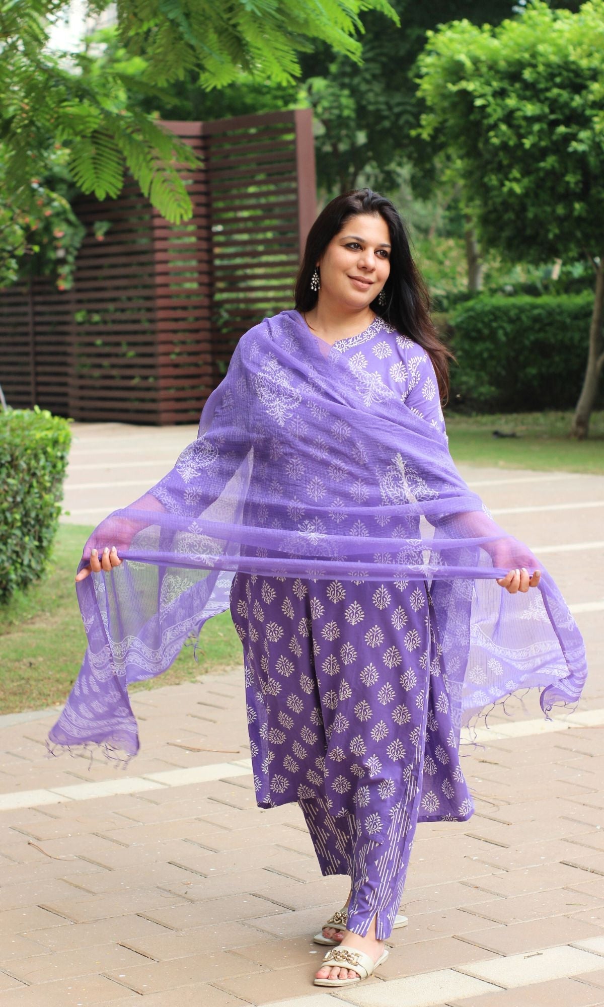 Cotton Purple Handblock Suit Set with Kota Doria Dupatta - Baareeki