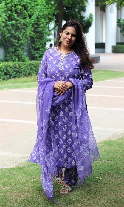 Cotton Purple Handblock Suit Set with Kota Doria Dupatta - Baareeki