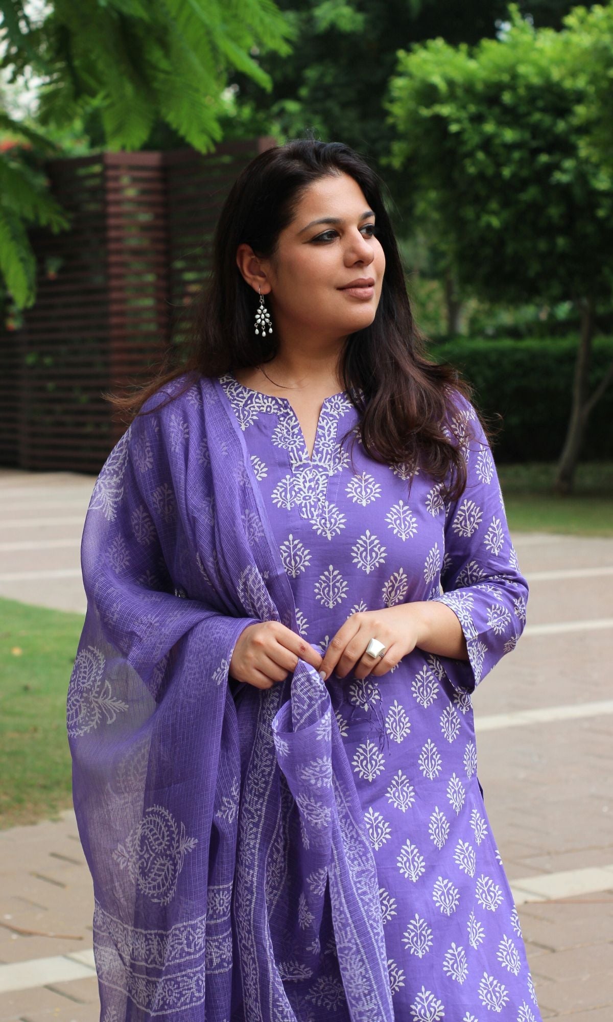 Cotton Purple Handblock Suit Set with Kota Doria Dupatta - Baareeki