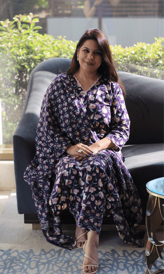 Cotton Purple & Pink Bloom Suit with Cotton Printed Dupatta - Baareeki