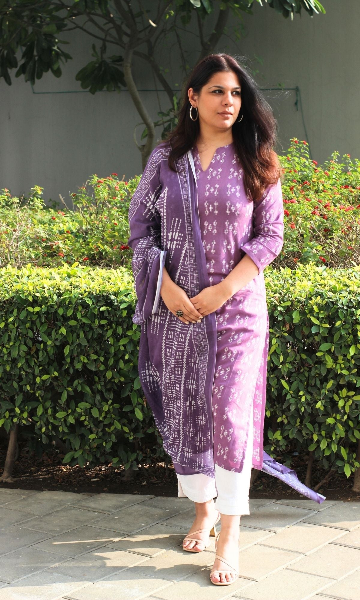 Cotton Purple Weaved Kurta & Printed Dupatta - Baareeki