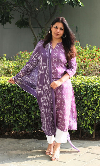 Cotton Purple Weaved Kurta & Printed Dupatta - Baareeki