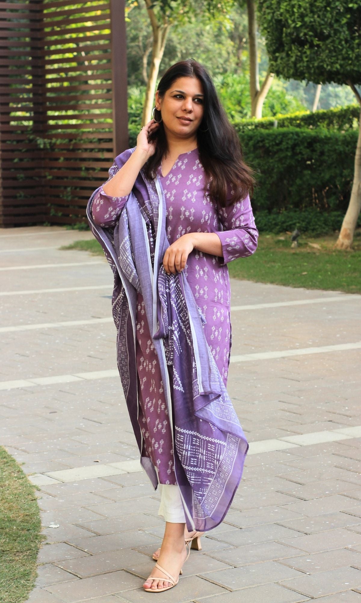 Cotton Purple Weaved Kurta & Printed Dupatta - Baareeki