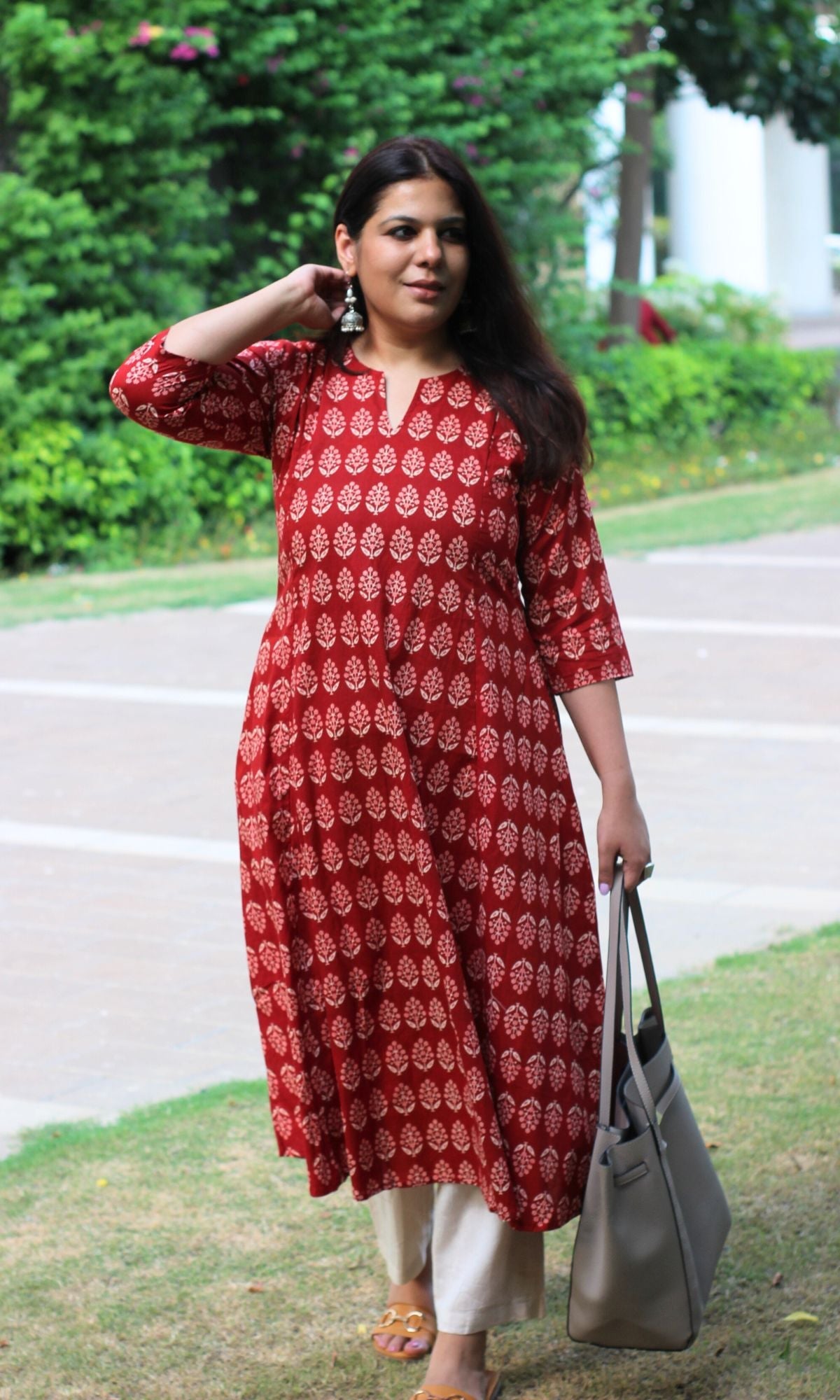 Cotton Red Ajrakh Boota Kali Kurta - Baareeki