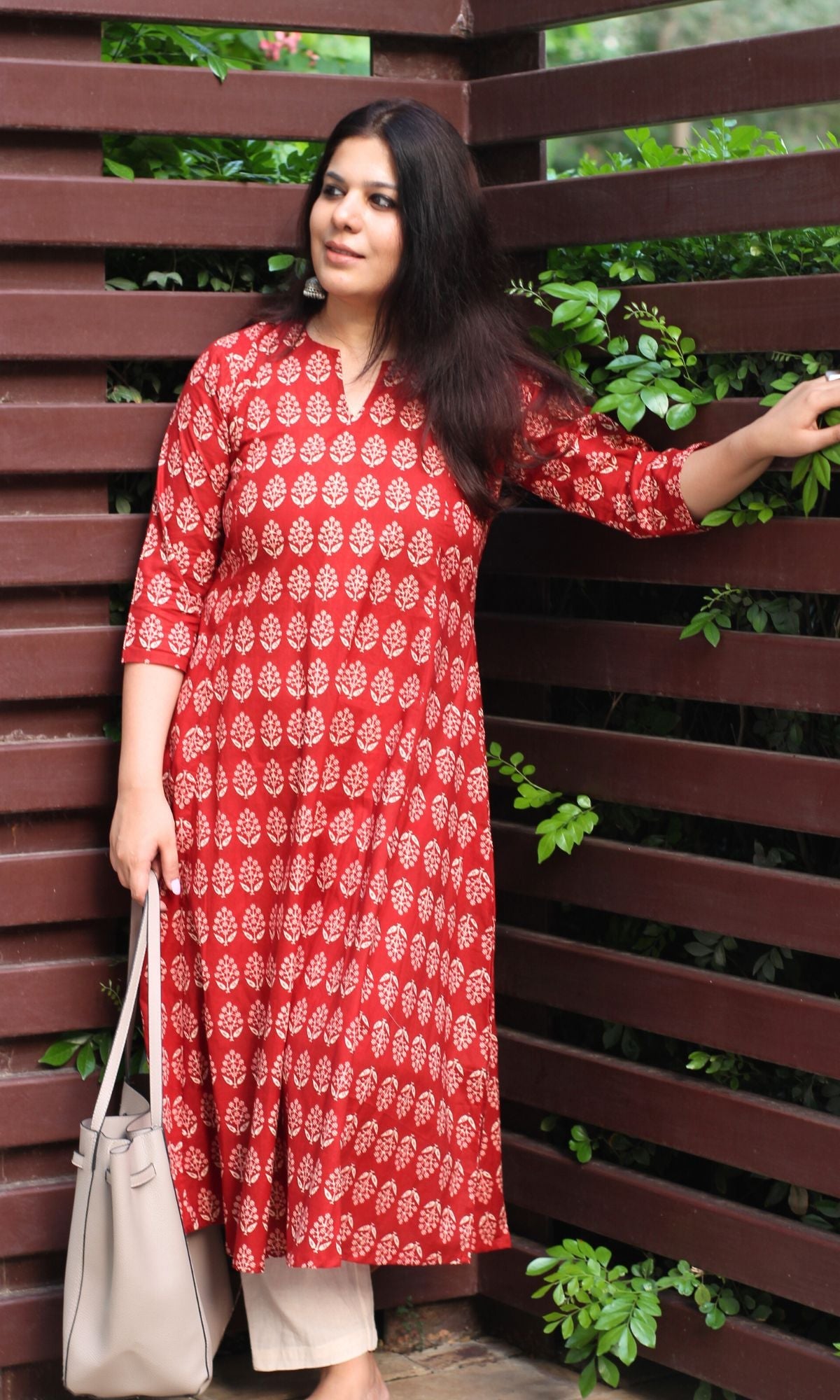 Cotton Red Ajrakh Boota Kali Kurta - Baareeki