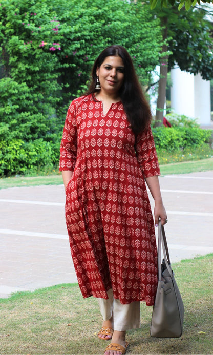 Cotton Red Ajrakh Boota Kali Kurta - Baareeki