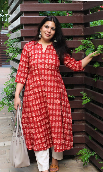 Cotton Red Ajrakh Boota Kali Kurta - Baareeki