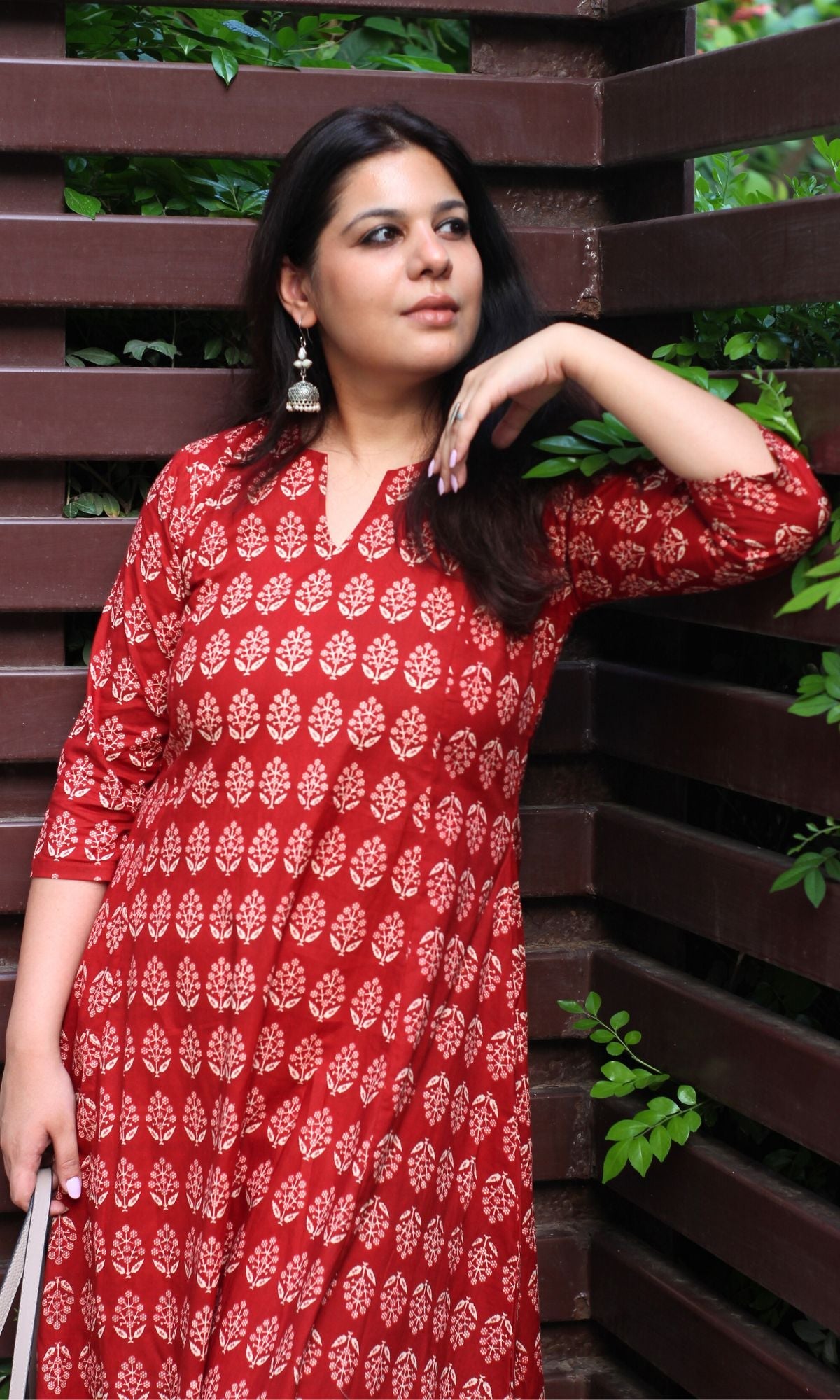 Cotton Red Ajrakh Boota Kali Kurta - Baareeki