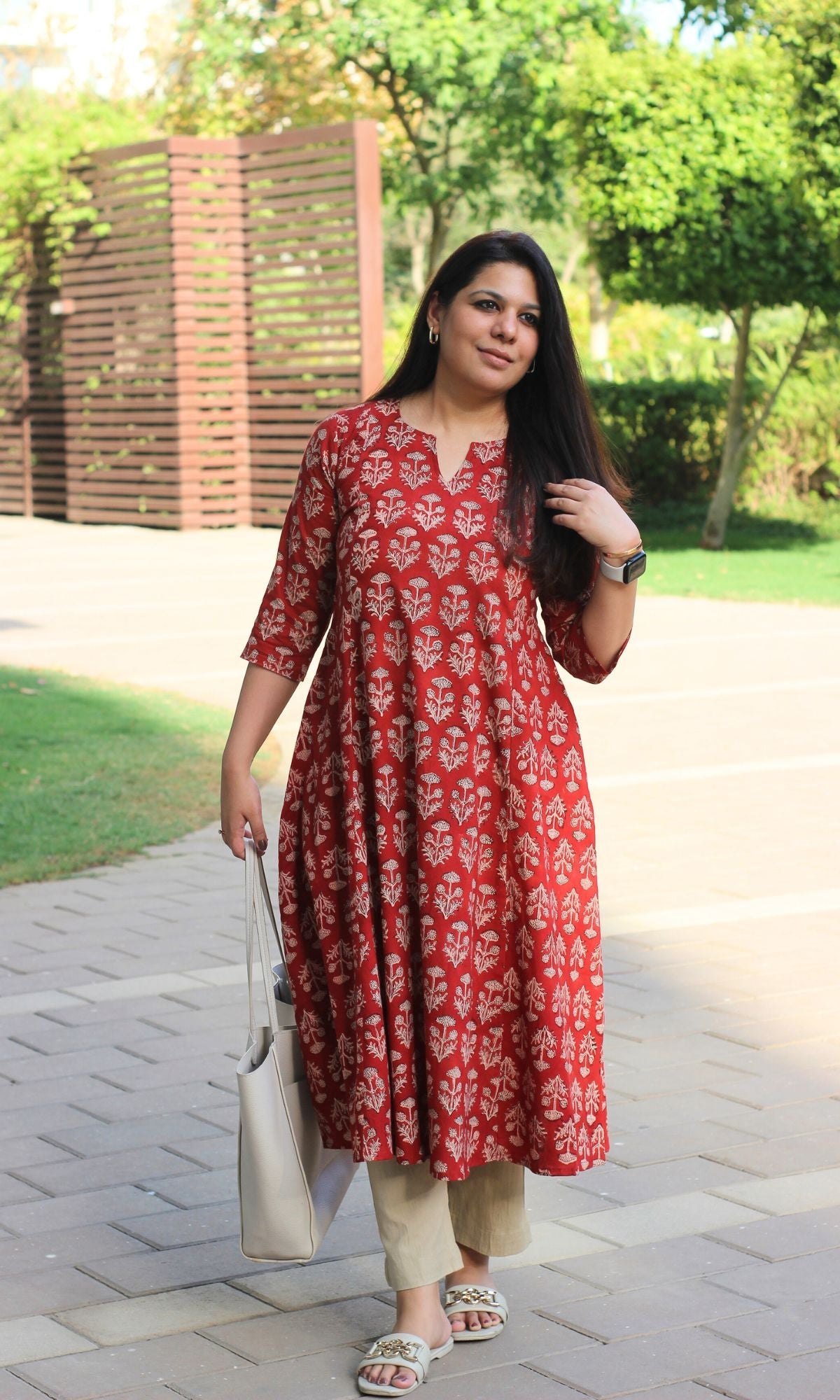 Cotton Red Ajrakh Print Kali Kurta - Baareeki