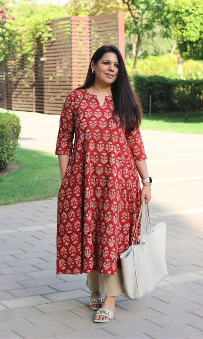 Cotton Red Ajrakh Print Kali Kurta - Baareeki