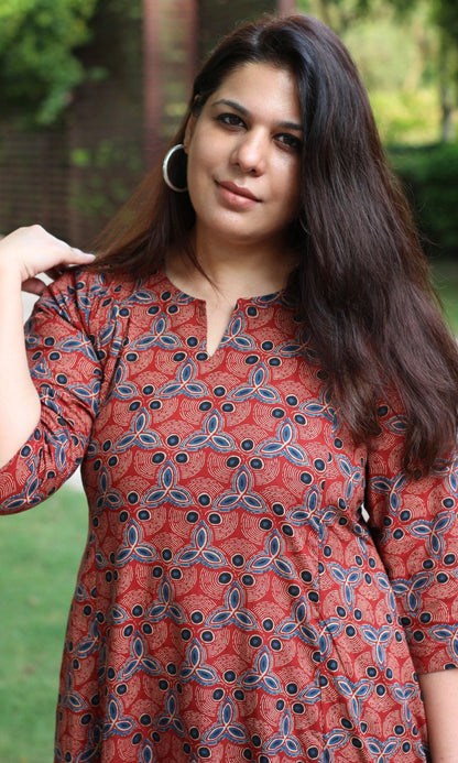 Cotton Red Ajrakh Print Kali Kurta - Baareeki