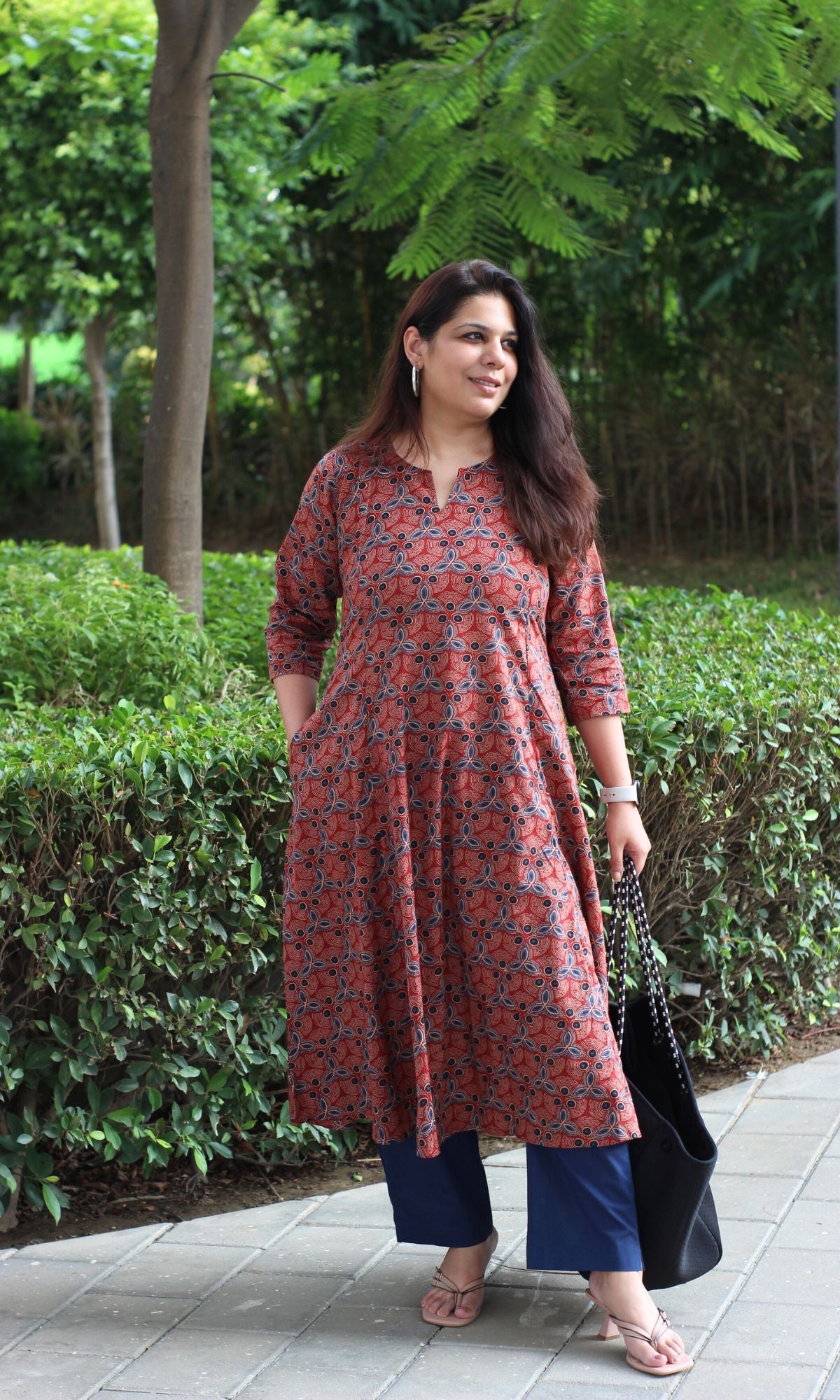 Cotton Red Ajrakh Print Kali Kurta - Baareeki