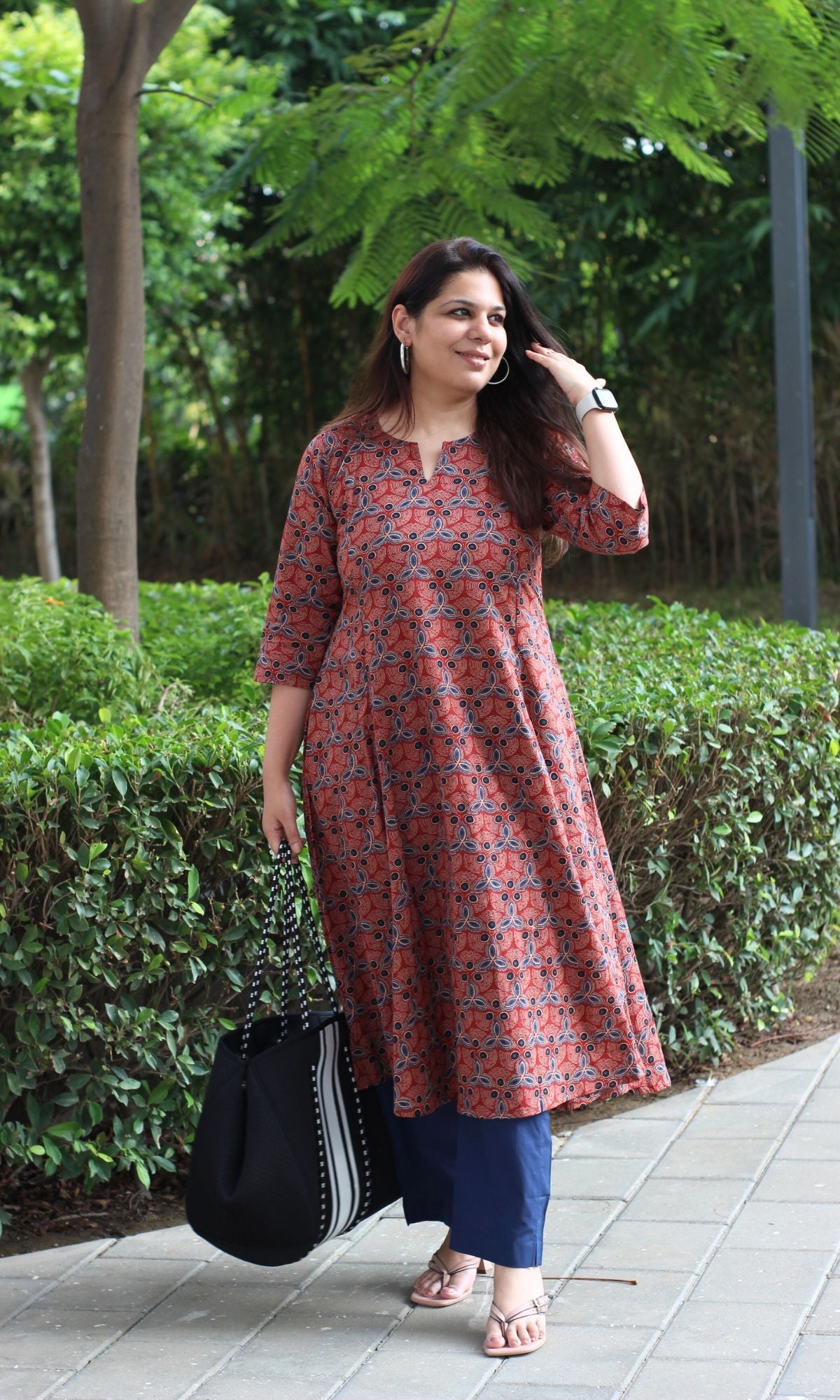 Cotton Red Ajrakh Print Kali Kurta - Baareeki