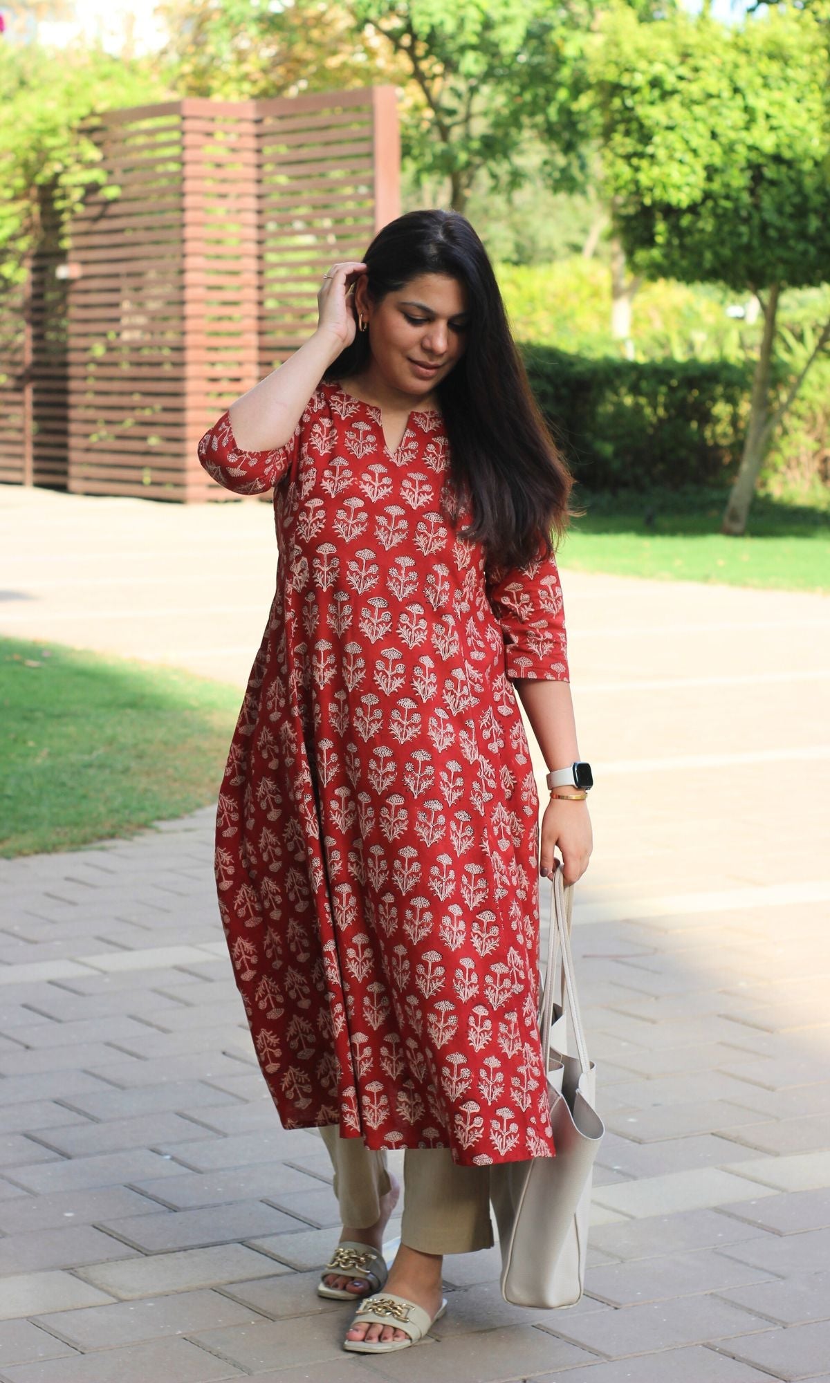 Cotton Red Ajrakh Print Kali Kurta - Baareeki